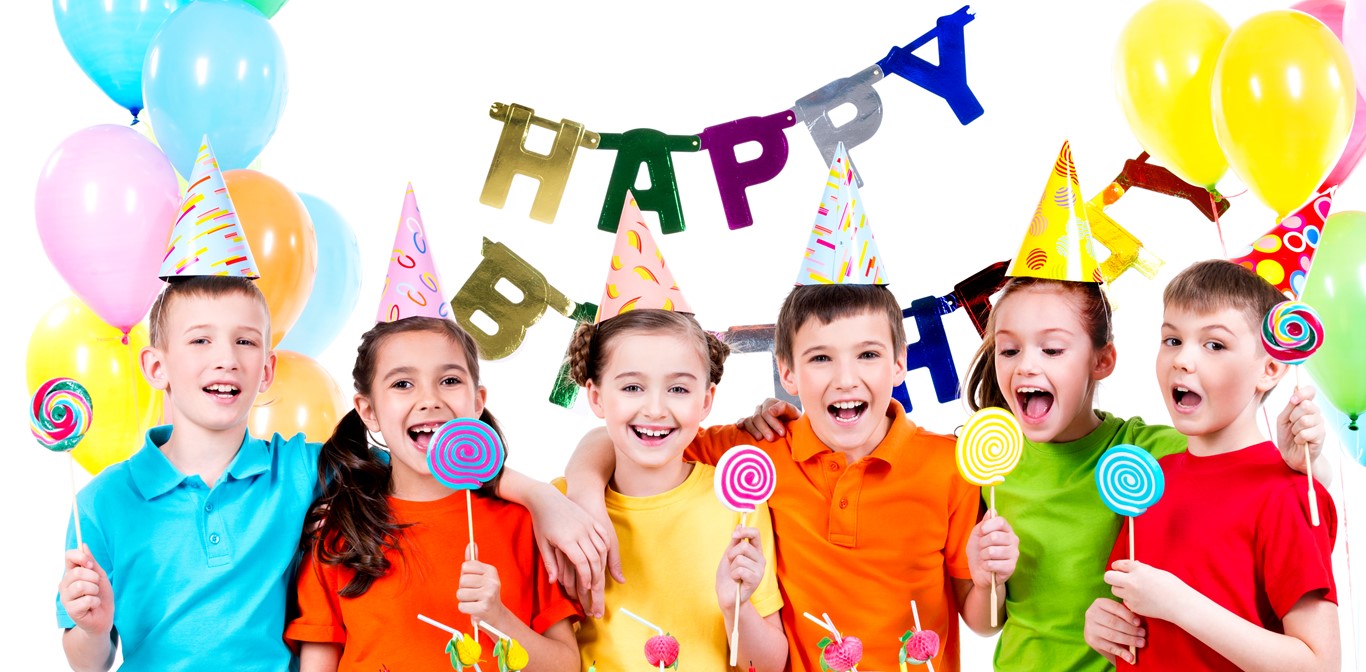 Group Happy Kids With Colorful Candies Having Fun Birthday Party Isolated White